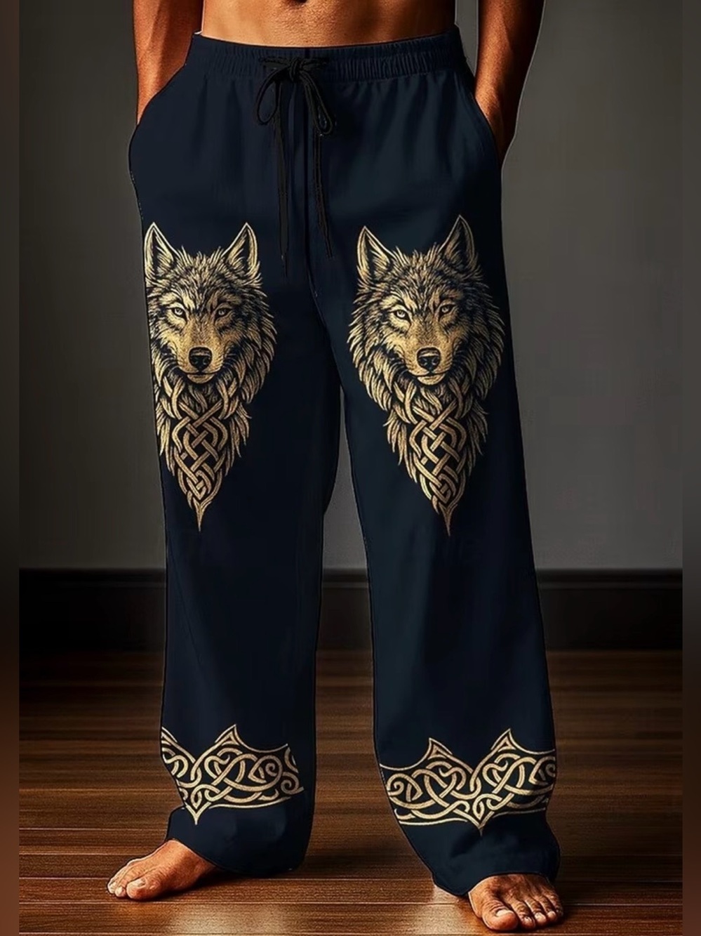 Men's Lightweight Lounge Pants with Celtic Wolf Print Navy Blue Size XL